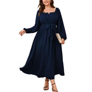 SCOMCHIC Women Plus Size Maxi Dress Long Sleeve Square Neck Wedding Guest Cocktail Belted Elegant Flowy A Line Long Dresses, Size L