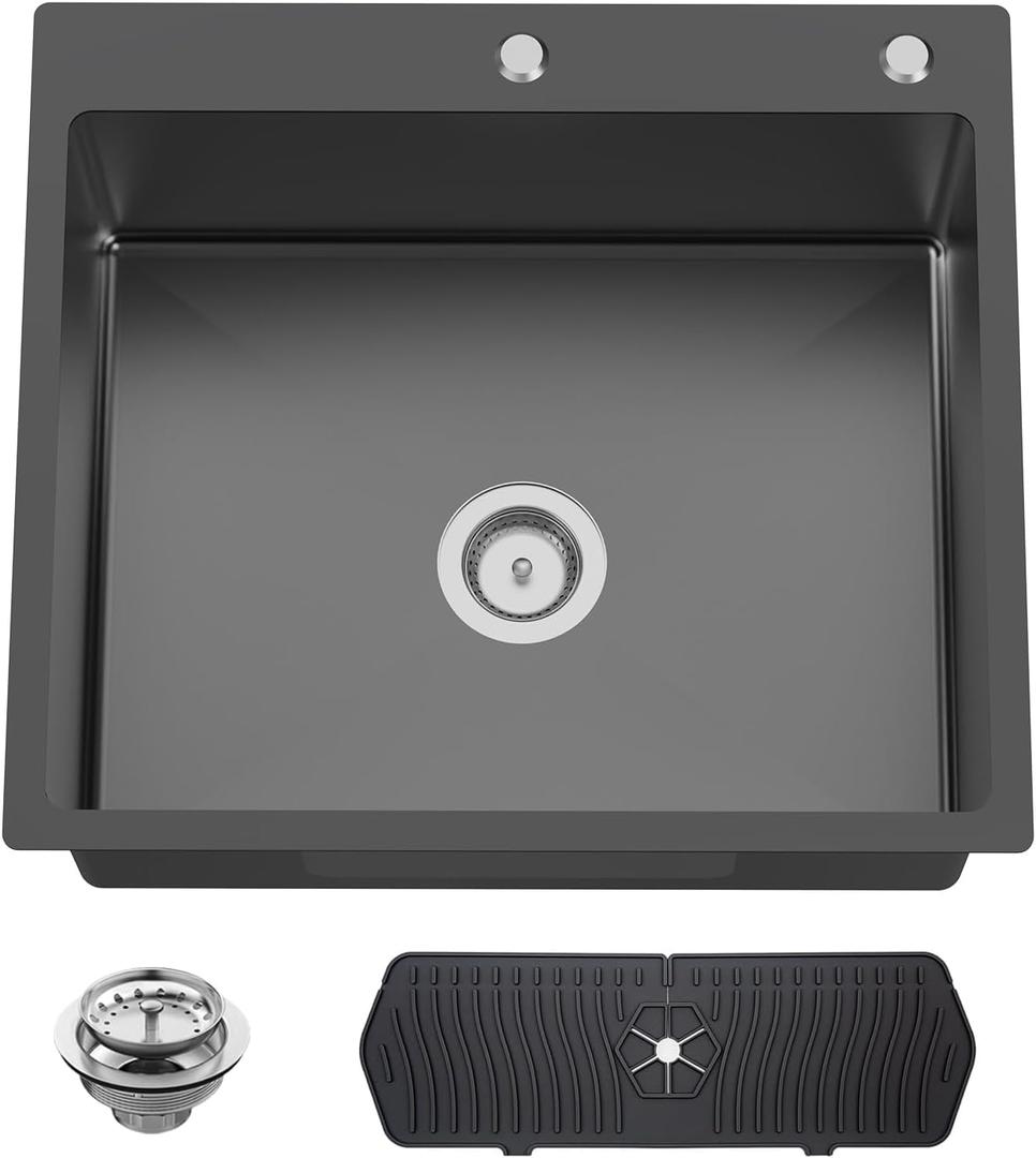 Black Kitchen And Bar Sink, 25x22 Inch Stainless Steel Drop In Kitchen Sink Modern Single Bowl Topmount Bar Sink Combo-Silicon Mat,Drain Strainer Set Compatibility With Various Kitchen & Bar Style