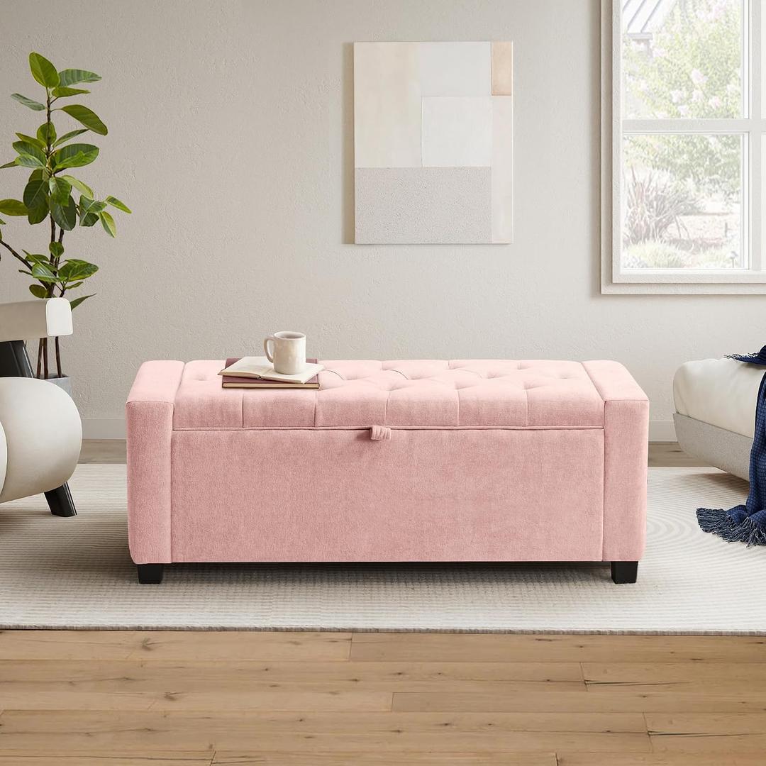 GRAINELL Storage Ottoman Bench, Upholstered Tufted Bedroom Bench with Storage, End of Bed Storage Bench for Living Room & Entryway, 350 lb Capacity, Linen Pink, 43.3" L x 15.35" W x 23" H