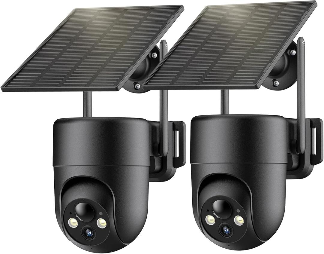 Security Cameras Wireless Outdoor, 2K Color Night Vision, Solar Camera Outdoor Wireless for Home Security, 360Panoramic View, Weatherproof, 2.4GHz WiFi, 2pack (Black)