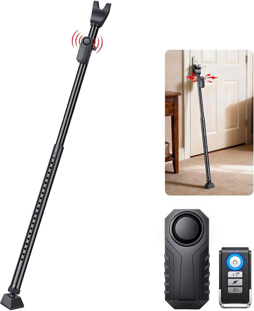 Door Security Bar & Sliding Patio Bar with Alarm, Heavy Duty Stoppers Adjustable Jammer for Home, Apartment, Travel(113 dB Extra Loud Alarm), Black Door Stoppers Security Bar