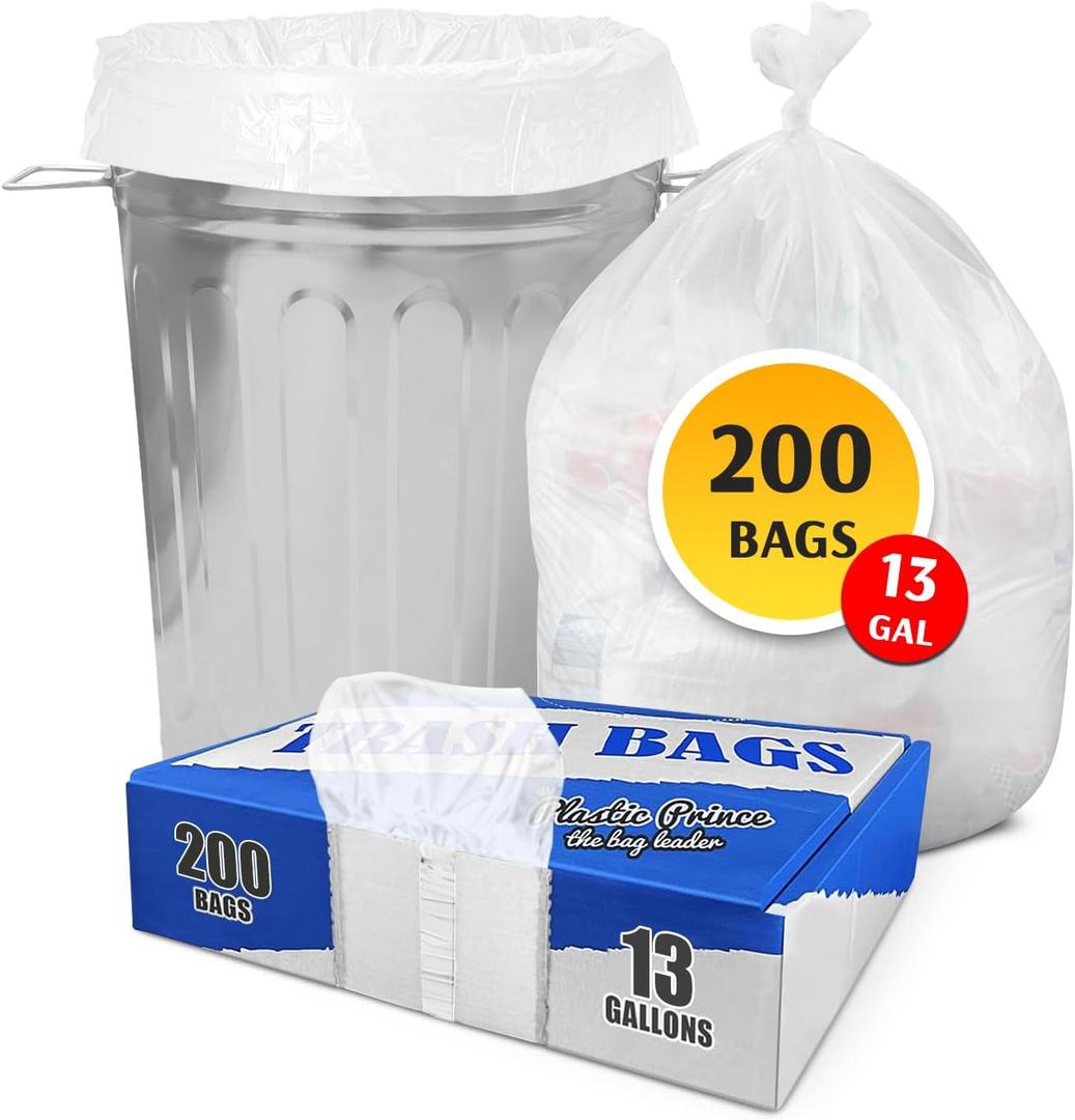 (200 Pack) 13 Gallon Trash Bags, 12-16 Gallon White Kitchen Bags, 1.5 Mil, Heavy Duty, Fits Round and Square 12-16 gal Trash Cans, 24" x 31" Garbage Trash Can Liners
