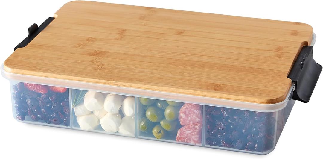 Farberware Build Snacklebox Serving Tray with Locking Bamboo Cutting Board Lid, Portable Storage Container with Compartments for Charcuterie, and More, Natural (Black)