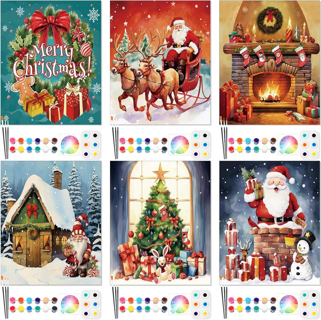 6 Pack Pre Drawn Canvas for Painting Pre Printed Canvas Kit 8 x 10 Inch Stretched Cotton Paint and Sip Set for Adults Couple Party Valentine Date Night (Merry Xmas)