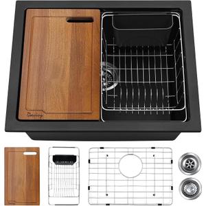Davivy 22 Inch Black Granite Composite Kitchen Sink Workstation, 22 x 18 Black Undermount/Drop In Kitchen Sink, Deep Quartz Single Bowl with Accessories