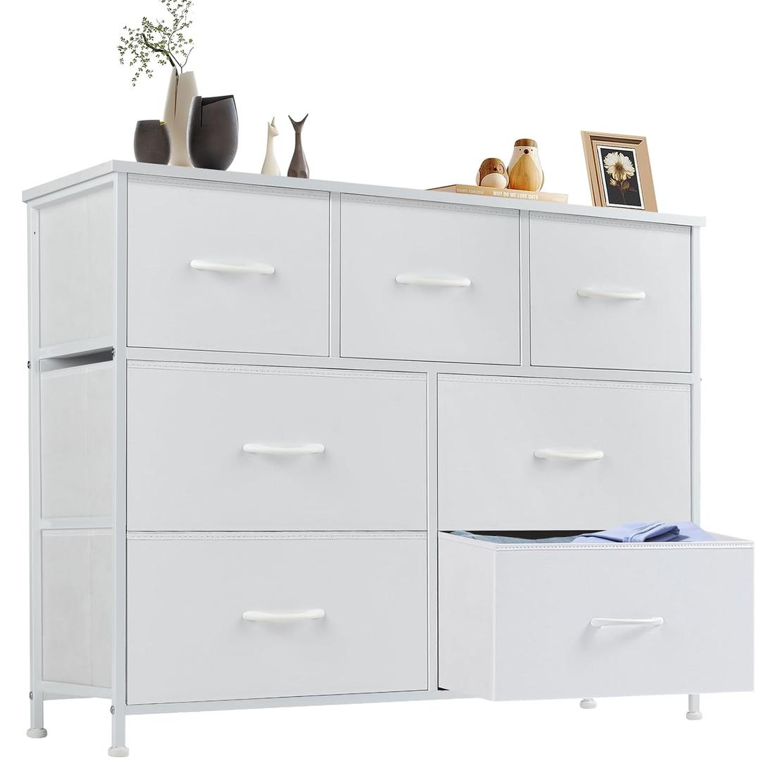 Dresser for Bedroom with 7 Drawers, Anti-Tip Fabric Storage Tower | Organizer Unit with Wood Top and Metal Frame, Organizer for Clothes, Closet, Entryway, Furniture, White