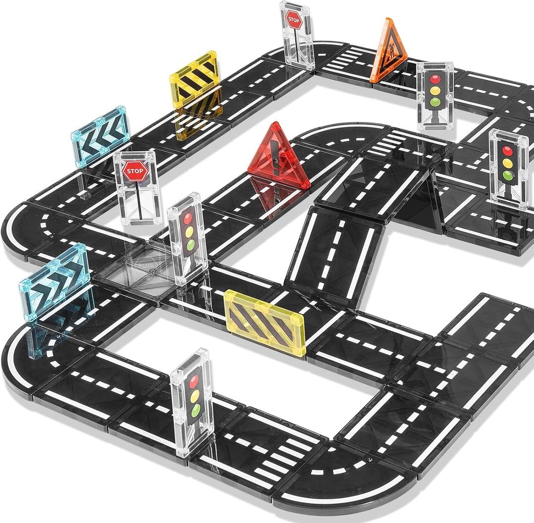 Magnetic Tiles Road Expansion Pack 48 PCS, Magnet Road Tiles for Kids Ages 3-5 4-8 5-7, Expansion Magnetic Building Blocks Educational STEM Creativity Toys 3+ Year Old Boys & Girls Toddlers Kids Gifts