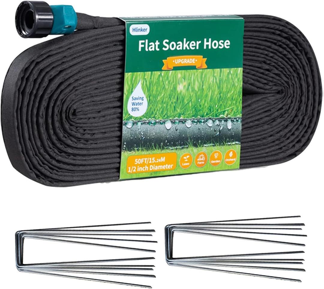 Hlinker 2026 Flat Soaker Hose 50 ft with Stake for Garden, Linkable Drip Hose Diy Automates Garden Irrigation System Saving 83% Water, Dual-layer Leak-free Design Water Hose with Holes