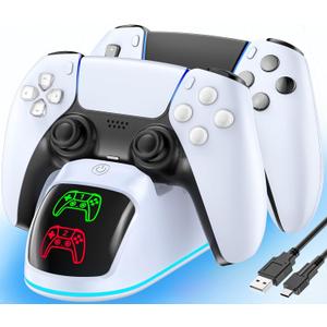 Controller Charger for PS5, Dual Charging Dock Station for PlayStation 5 Dualsense & Edge with RGB Light, Fast PS5 Dual Controller Charging Station with Cable for PlayStation Games (White)