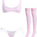 ABAFIP Women Cute Kawaii Anime Lingerie set Halter Strap Micro Bra Tiny Panty Garter Belt Striped Stockings 4Pcs Underwear (One Size, Pink - Wide Strap)