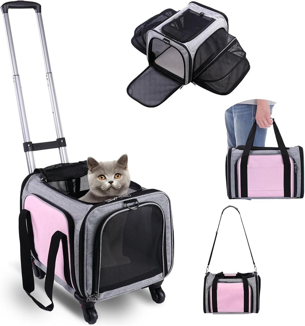 Pet Carrier Airline Approved on Wheels - Two Sided Expandable Cat Soft Carrier for Puppy and Cats Under 26lbs, Rolling Cat Carrier for Airplane, Camping, Outdoor (Pink)