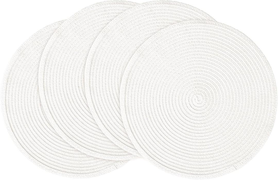 Floroom 15 Inch Round Braided Placemats Set of 4, Washable Heat Resistant Cotton Polyester Circle Place Mats for Kitchen Dining Table - White