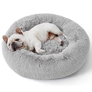 Bedsure Calming Dog Bed for Small Dogs - Donut Washable Small Pet Bed, 23 inches Anti-Slip Round Fluffy Plush Faux Fur Large Cat Bed, Fits up to 25 lbs Pets, Pale Grey