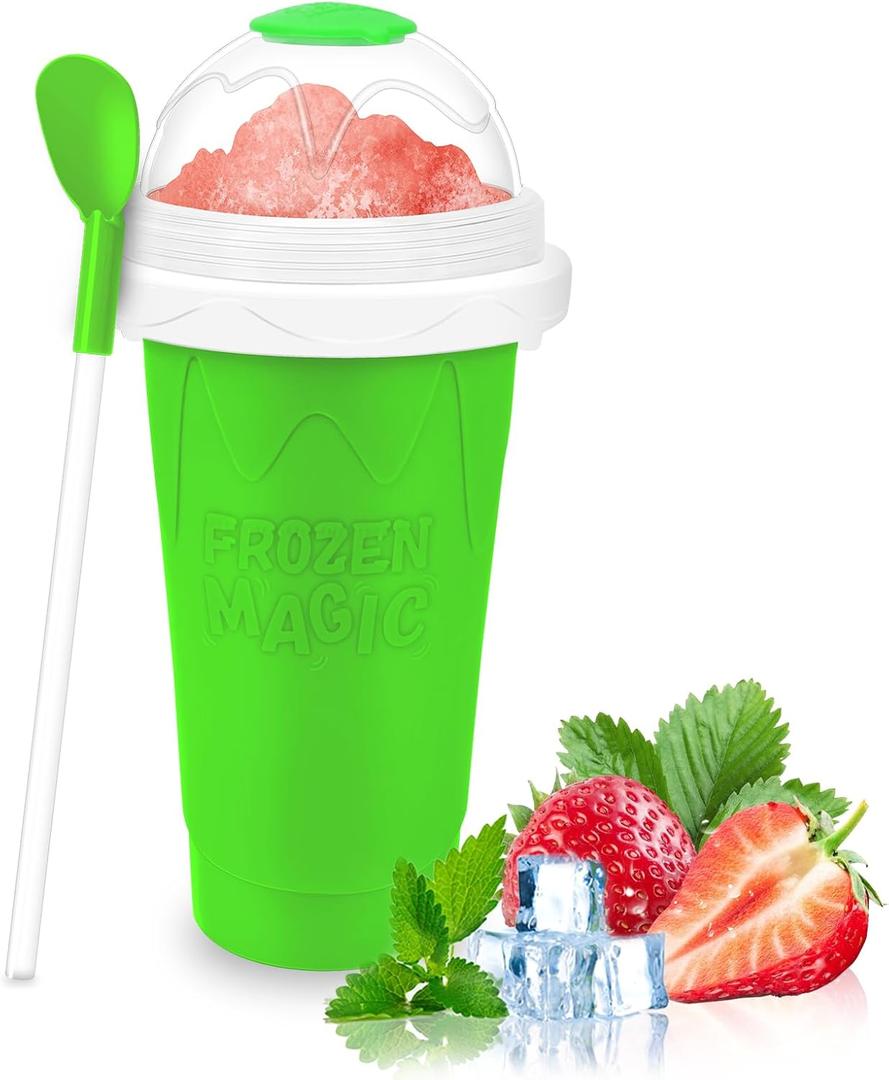 Frozen Magic Slushy Maker Cup - Slushie Cup for Making Various Milkshakes and Ice Creams,Double-Layer Squeeze Reusable Smoothie Cup - Great Gifts for Family and Friends (Green)
