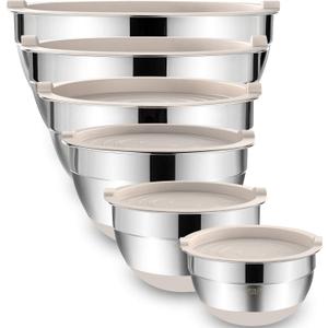Umite Chef Mixing Bowls with Airtight Lids, 6 piece Stainless Steel Metal Nesting Storage Bowls, Non-Slip Bottoms Size 7, 3.5, 2.5, 2.0,1.5, 1QT, Great for Mixing & Serving (Khaki)
