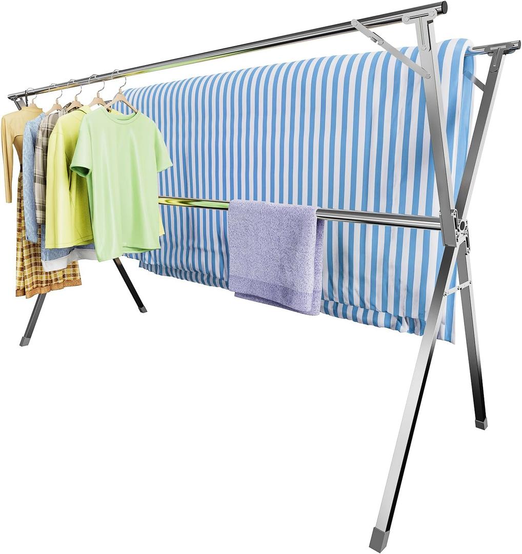 Clothes Drying Rack,Heavy Duty Stainless Steel Garment Rack,Adjustable and Foldable Laundry Drying Rack for Indoor Outdoor Drying Rack Clothing with 20 Windproof Hooks (Silver, 95")