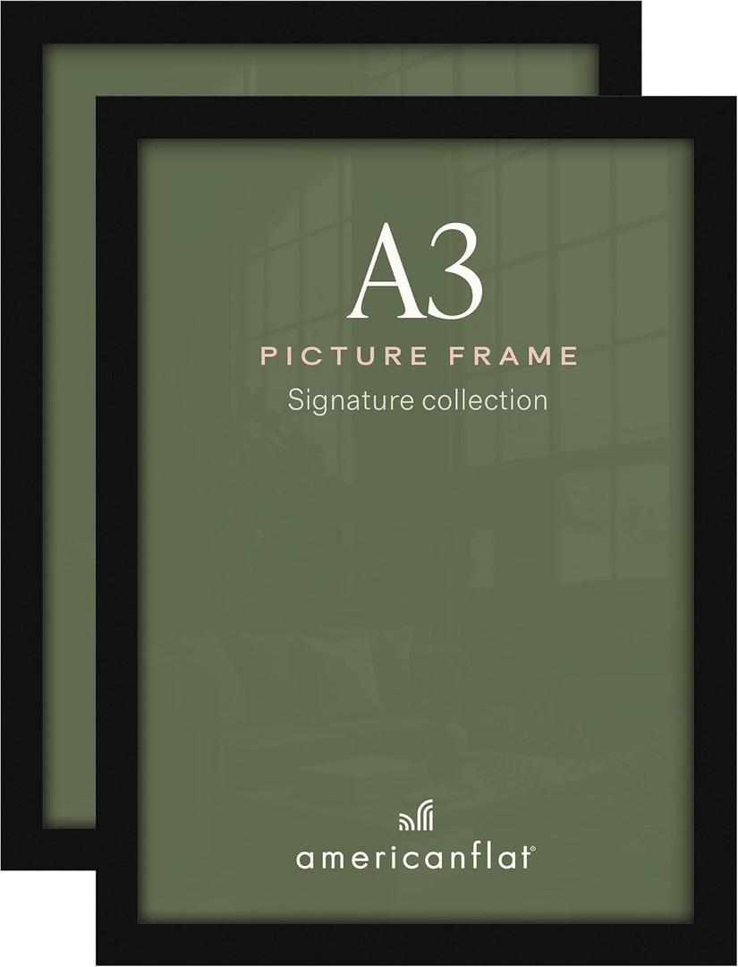 Americanflat A3 Picture Frame with Shatter-Resistant Glass - Set of 2-11.7x16.5 Frame with Engineered Wood - Signature Collection - A3 Frames for Wall Display - Black