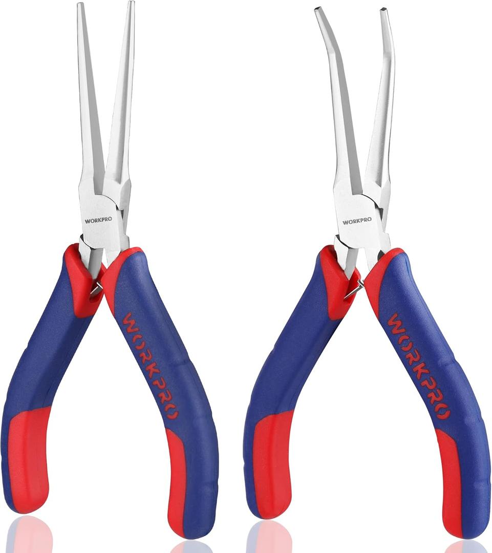 WORKPRO 2-Piece 6" Mini Needle Nose Pliers Set, Long Nose Pliers, Bent Nose Pliers with Comfort Grip Handles, Jewelry Plier For Wire Wrapping, Handmade Craft, Jewelry Making Supplies