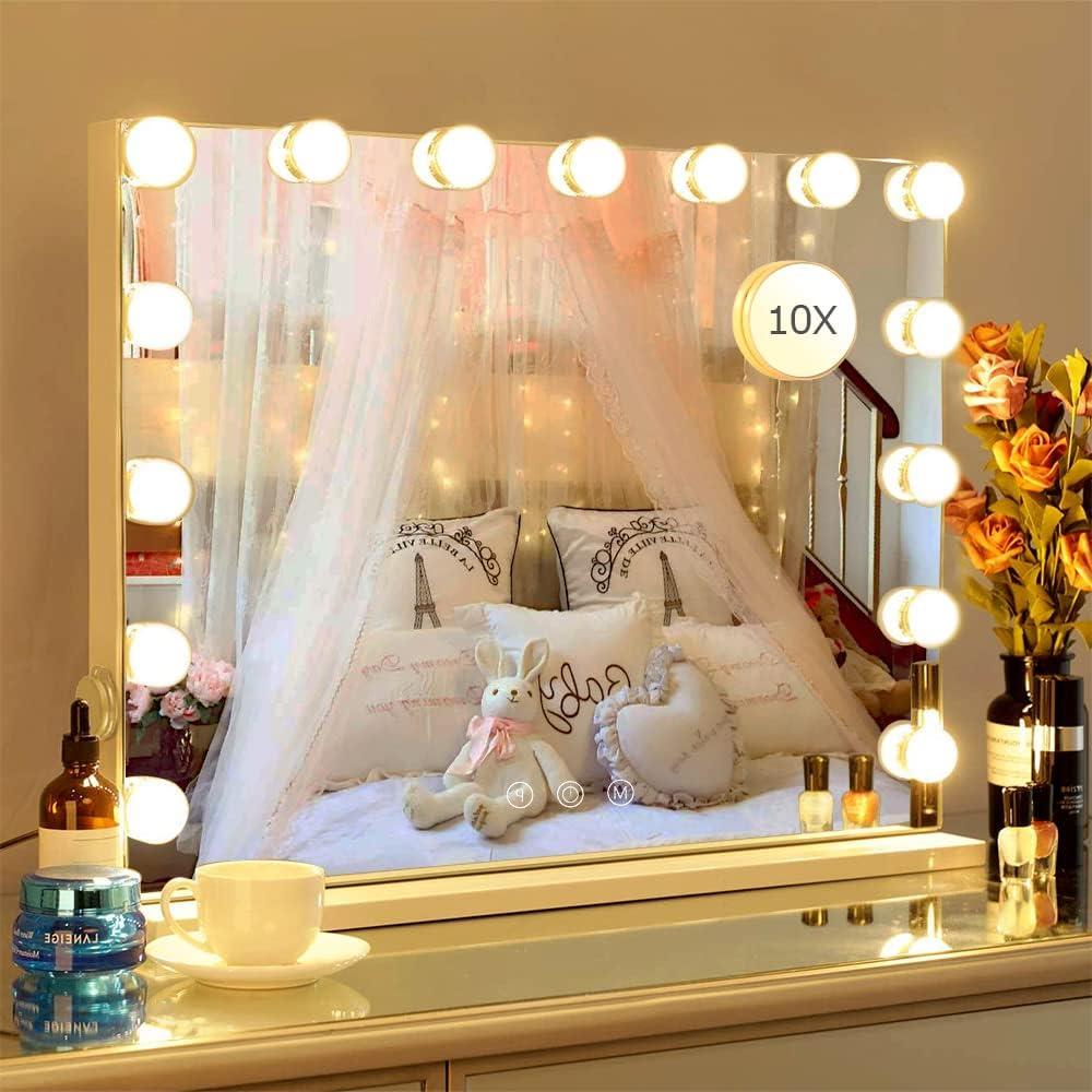 22.8"x 18.1" Vanity Mirror Makeup Mirror with Lights,10X Large Hollywood Lighted Vanity Mirror with 15 Dimmable LED Bulbs,3 Color Modes,Touch Control for Bedroom,Tabletop or Wall-Mounted (White)