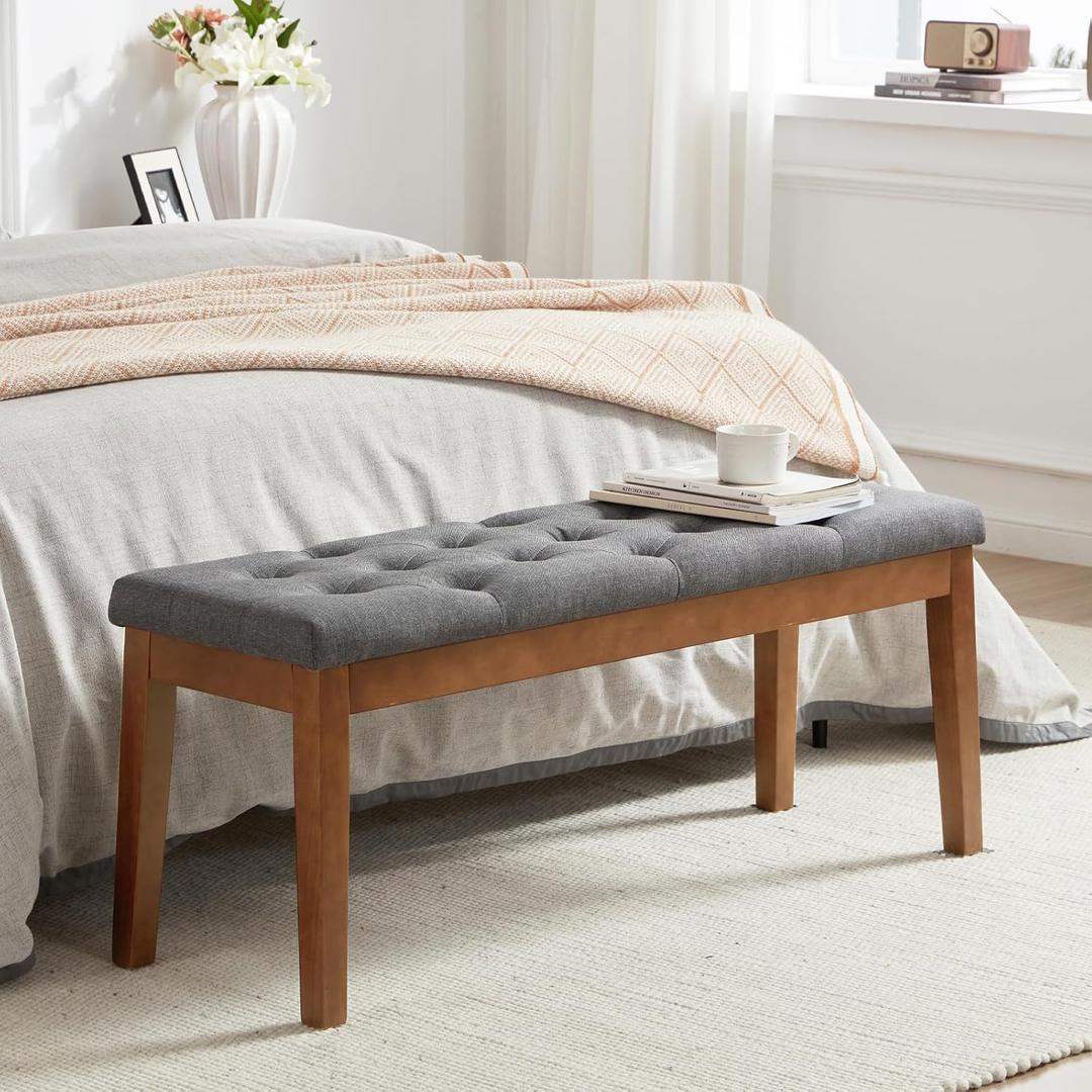 MILCIL Ottoman Bench Oversized Entryway Shoe Bench Seat Linen Grey | Large Long Rectangle Dining Bench with Button-Tufted Padded Upholstered Seat & Wood Legs for Living Room Bedroom End of Bed