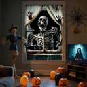 2 x Halloween Skeleton Scary Curtain Window Banner, Halloween Ghost Window Silhouette Door Cover Horror Poster Spooky Backdrop for Indoor Outdoor Wall Garage Living Room Party Decor Props
