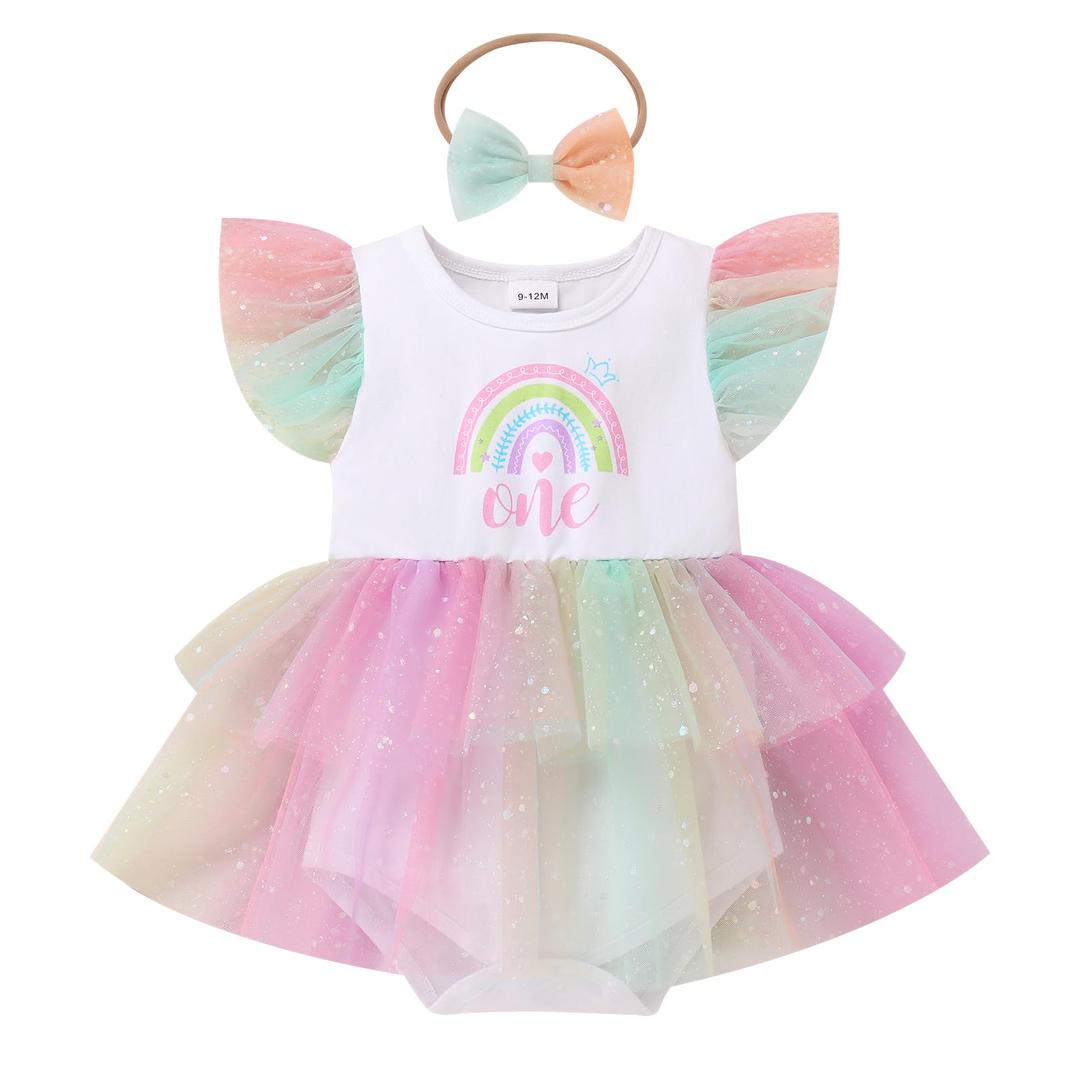 ODASDO Baby Girl Boho Rainbow 1st First Birthday Outfit I'm One Year Old Party Cake Smash Flutter Sleeve Fairy Tulle Tutu Romper Dress with Bowknot Headband Set Summer Photo Shoot Colorful 9-12M
