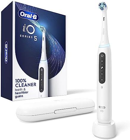 Oral-B iO Series 5 Rechargeable Electric Toothbrush with Visible Pressure Sensor to Protect Gums, 2 Minute Timer, 5 Cleaning Settings, 1 Replacement Toothbrush Heads, and Travel Case, White