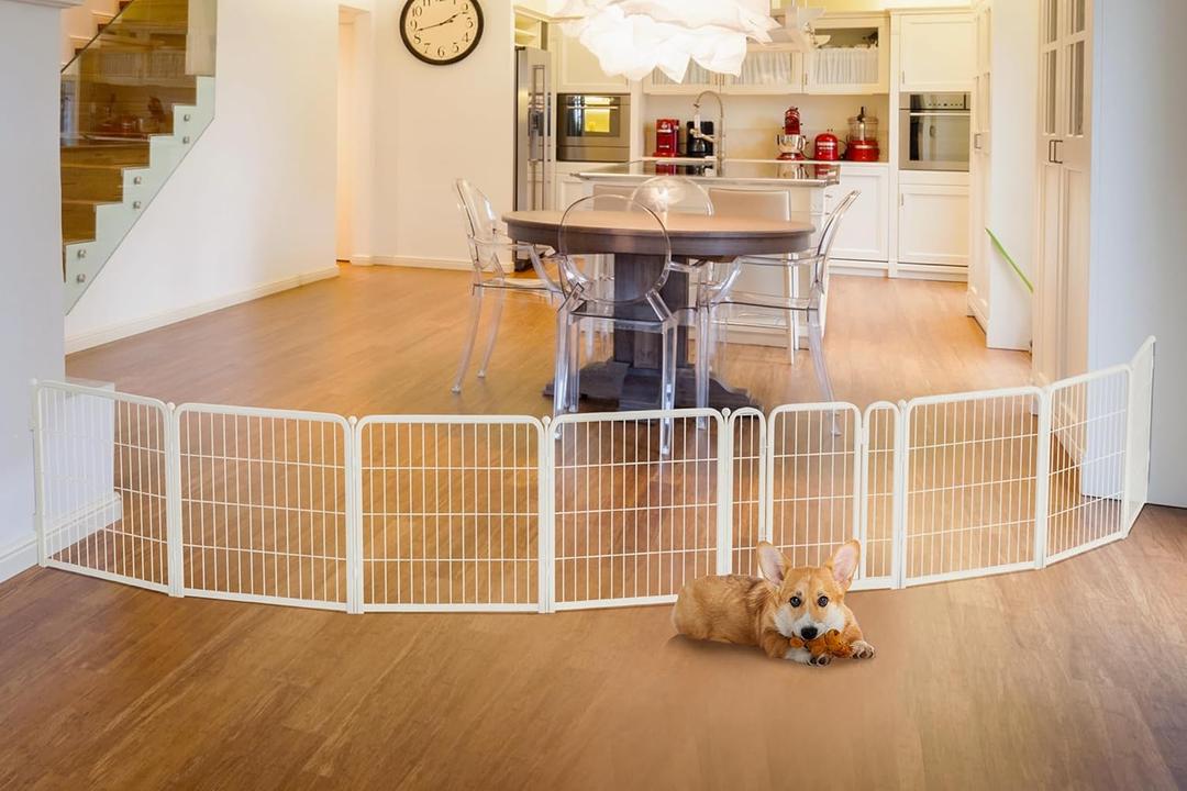 FXW Dog Gate Extra Wide Designed for Indoor Use, Adjustable Width Up to 183-inch Wide (24" H 8 Panels for Puppies and Small Dogs), White