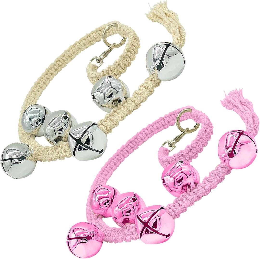 Dog Hanging Doorbells| Extra Loud Dog Potty Training Bells| Adjustable Durable Braided Rope Door Bell for Dogs to Ring to Go Outside(Silver+Pink) (Large)