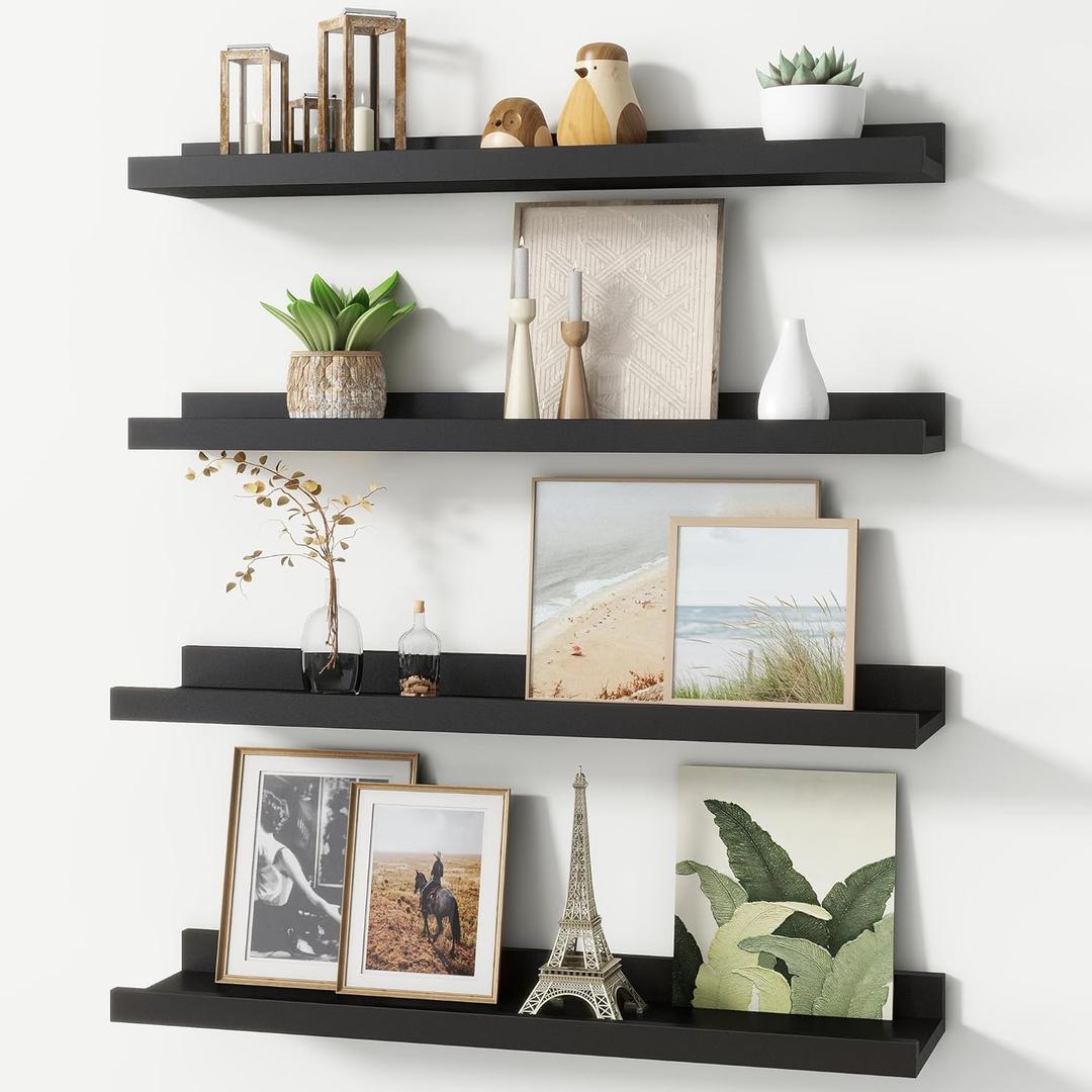 Picture Ledge Shelf, Floating Shelves Set of 4, 24 Inches Long Nursery Book Shelves for Toys Storage, Kids Bookshelf Wall Mounted for Living Room Bedroom Decor Books Photo Frames, Modern Black