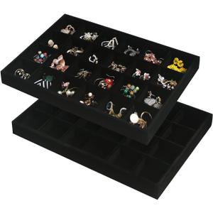 Coward 2PC Black Velvet Stackable 24 Gird Jewelry Organizer Tray Necklace Earring Box Storage Drawer Ring Earring Display Holder (24grid+24grid)