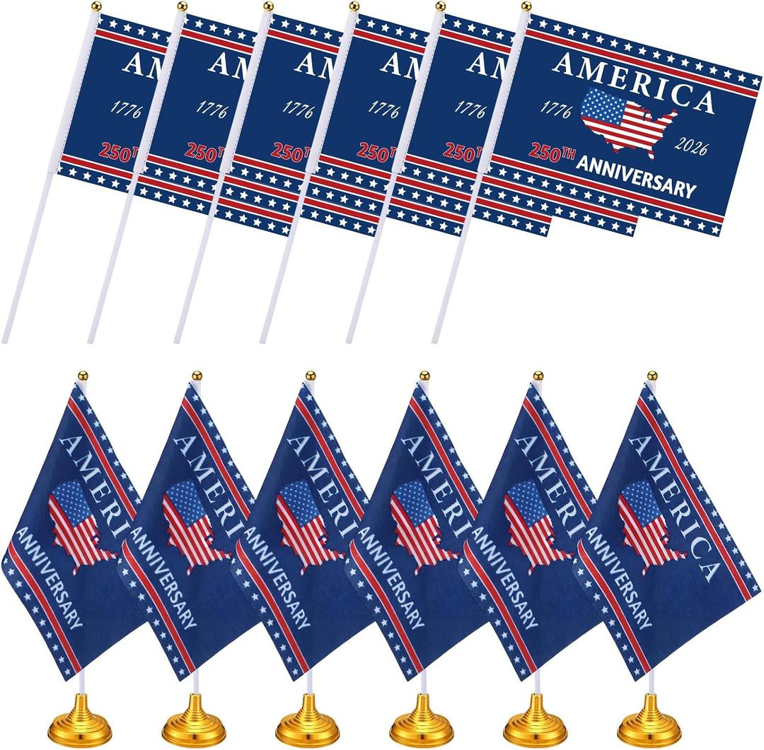 Frienda 12 Pack 250th Anniversary American Stick Flag, 8.3 x 5.5 in | Mini USA Flag on Stick, Patriotic Classroom Office Outdoor Decor, 250 Years Celebration