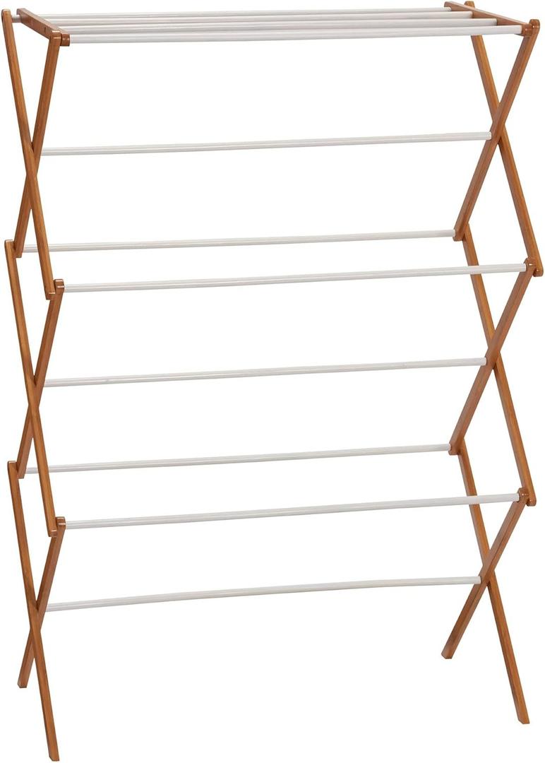 Household Essentials Bamboo Folding Clothes Drying Rack | White Finish, 11 Dowels & Flat Drying Shelf | Eco-Friendly, Collapsible Laundry Rack for Dorms, Apartments & Small Spaces | Fully Assembled, 29"