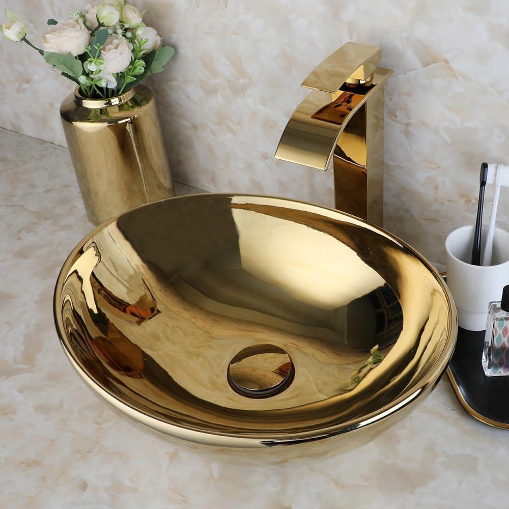 Oval Gold Vessel Sink with Faucet and Pop-Up Drain 17"x14" Bathroom Ceramic Basin Above Counter Bowl Sinks Thickened Compact Boat Shape Sinks for Small Bathrooms Vanities and Apartment Top