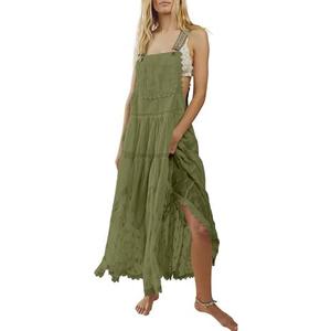 Gacaky Summer Dress for Women Casual Floral Embroidered Bohemian Dress Adjustable Straps Bib Maxi Flowy Dresses with Pockets, Green, M 