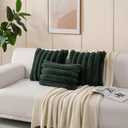 HAUSSY Faux Fur Throw Pillow Covers 24x24 Inch Set of 2, Decorative Striped Neutral Pillow Cases Soft Plush Couch Pillow Covers, Home Decor for Sofa,Bed, Living Room, Dark Green