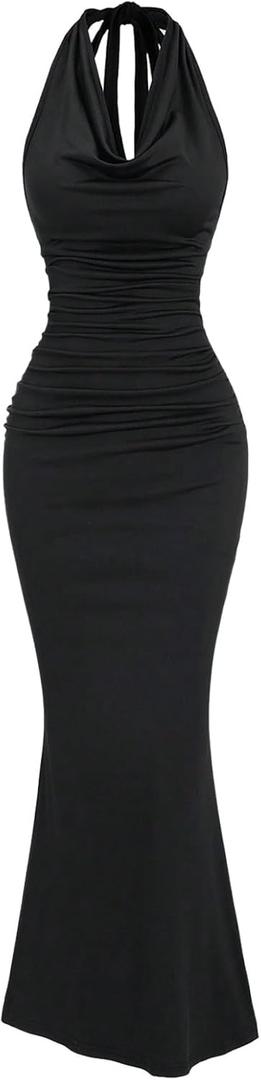 GORGLITTER Women's Backless Bow Halter Bodycon Fishtail Maxi Dress Cowl Neck Ruched Summer Graduation Long Sundresses (Black) S