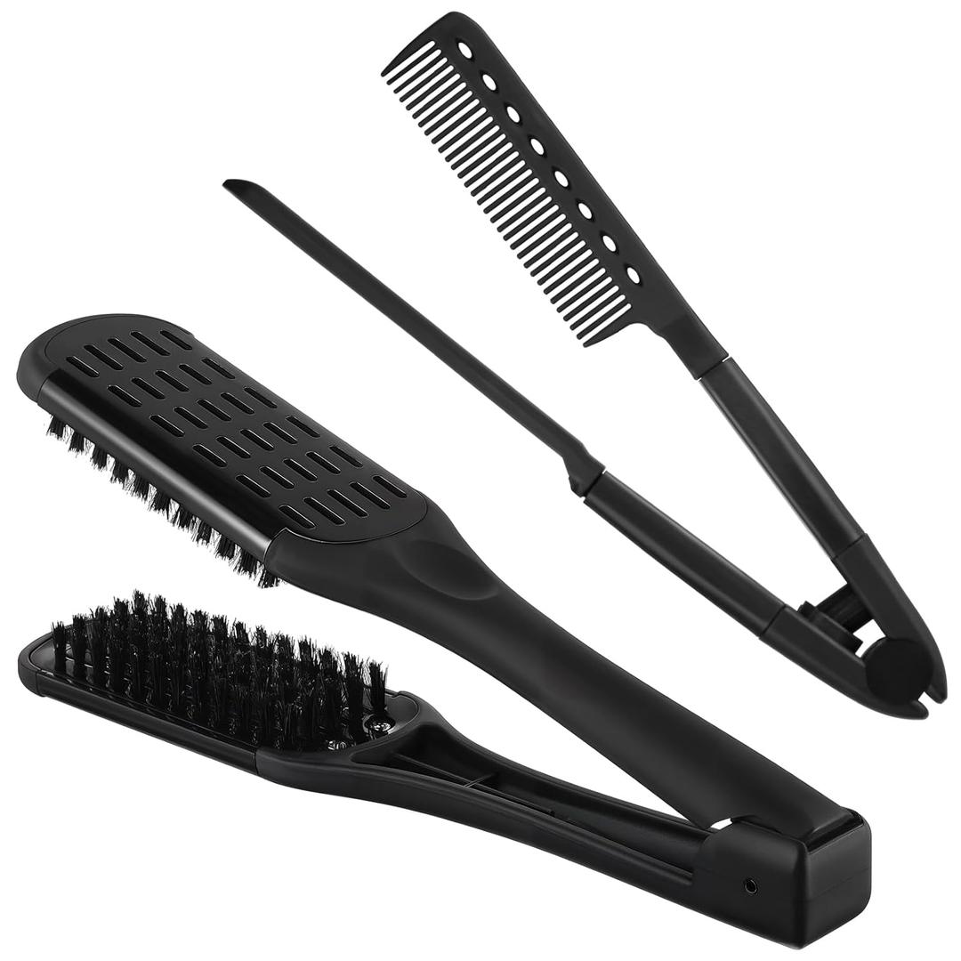 CHENGU 2 Pcs Straightening Comb For Hair, Boar Bristles Clamp Double Sided Brush Hair Straightening Brushes Comb Flat Iron Styling for Knotty Unkempt (Black)