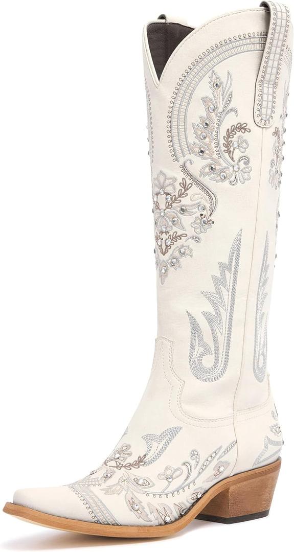 Western Cowboy Boots for Women Embroidered Rhinestones Knee High Cowgirl Boots Pointed Toe Chunky Heel Fashion Retro Classic Tall Boot Size 7