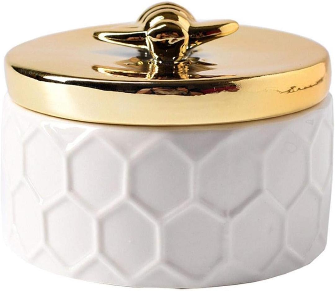 iayokocc Ceramics Jewelry Box with Golden Bee Lid - Small Jewelry Trinket Storage Tank Container,Gift for Girls Women,Round Jewellery Storage Organiser Case Bowl Trinket Pot(Size:S)