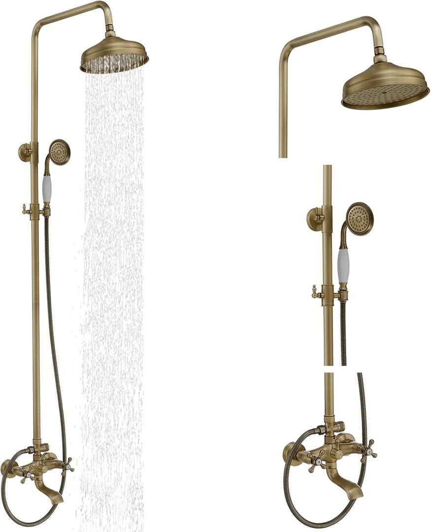 BWE Exposed Bathroom Shower Faucet Set Antique Brass Bathroom Shower Faucet Triple Functions 8 Inch Rainfall Shower Head Handheld Spray with Tub Spout Exposed Shower System Double Handle