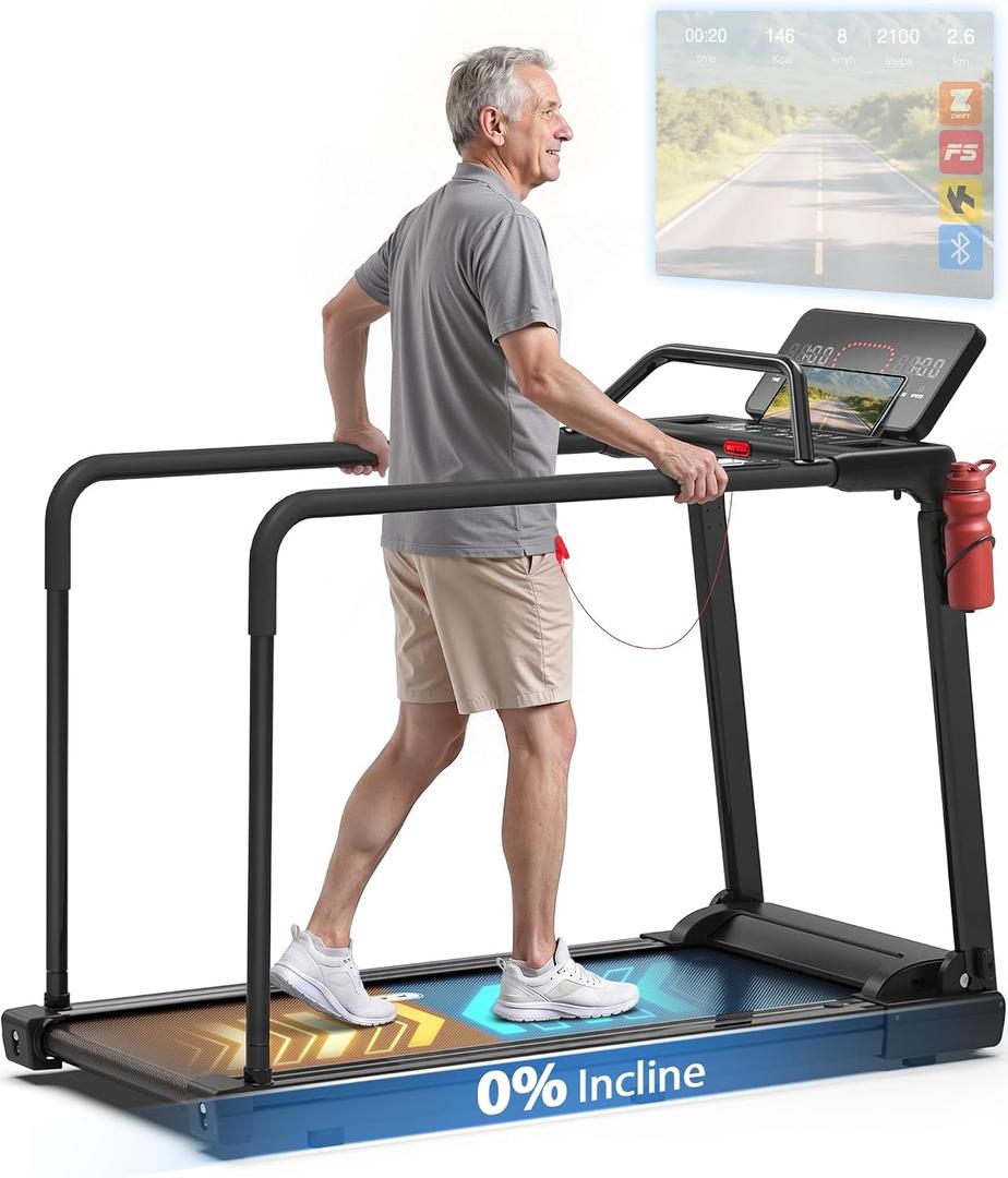 Redliro Treadmill for Seniors Slow Walking - Backwards Treadmill for Seniors with Long Handrails, 0.3 MPH Start, APP Control, Fully Flat 0% Incline Design Recovery Machine for Elderly Home Use