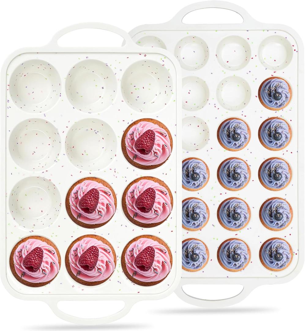 Regular 12 Cup and Mini 24 Cup Nonstick Cupcake Pan Set Silicone Muffin Pan for Baking Silicone Cupcake Mold with Metal Reinforced Frame BPA Free (2 Pcs, Cream)