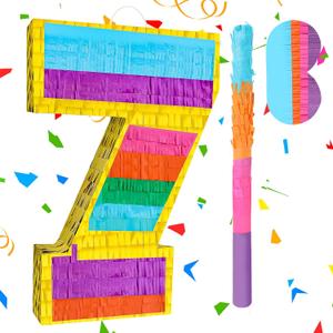 Rainbow Number 7 Pinata with a Blindfold and Bat for Boys Girls 7th Birthday Party, Kids Anniversary Celebration, Fiesta Supplies (16.1 x 10.6 x 3.2 Inches)