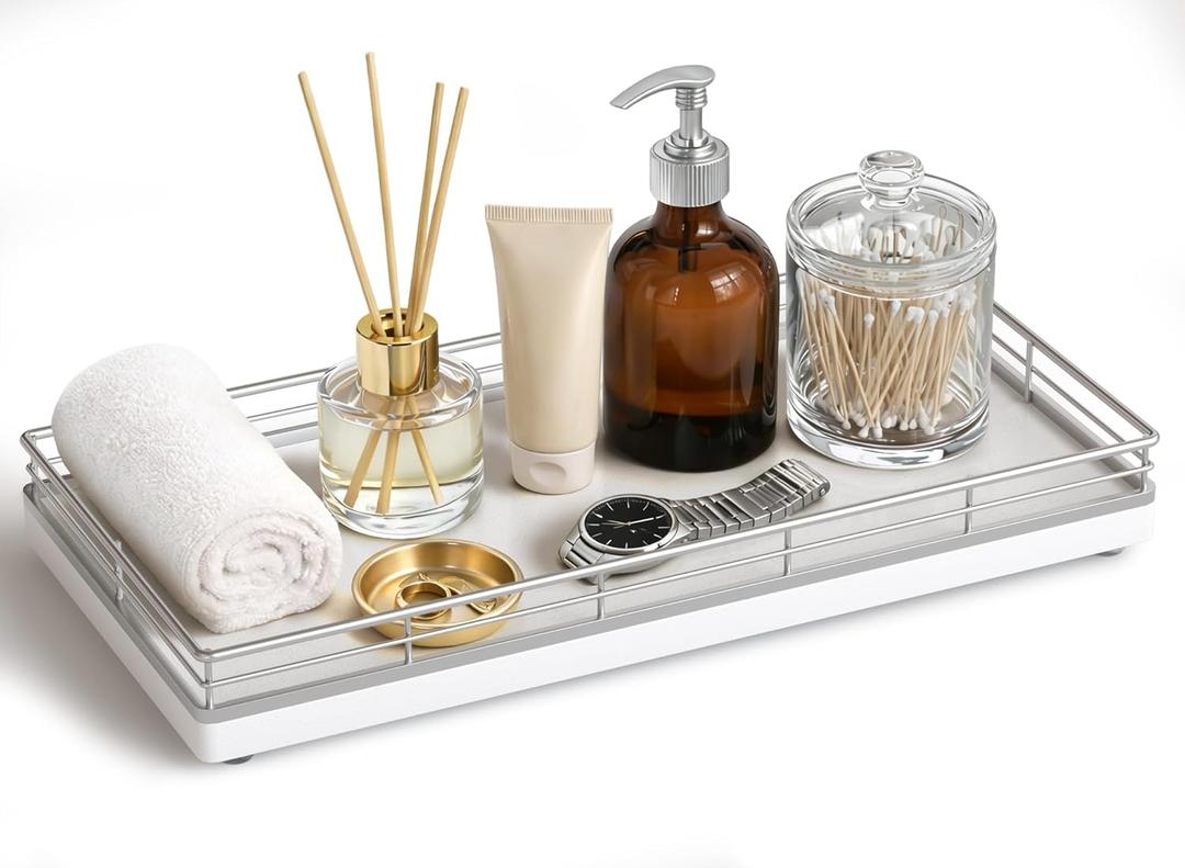 Bathroom Vanity Tray for Countertop, 12" x 6" Oak Wood Toilet Tank Tray with Metal Guardrail, Bathroom Organizer for Soap, Perfume & Skincare, Non-Slip Decorative Tray for Dresser, Sliver & White