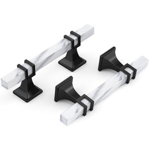 Haliwu 10 Pack 3 inch White Marble Grain Kitchen Cabinet Pulls Black Dresser Drawer Handles, 2 Tone Square Hardware