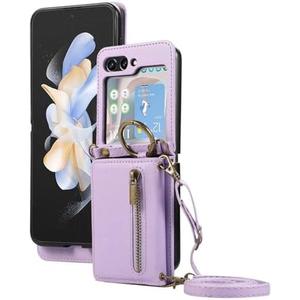 HAO RIYLN Flip Case for Samsung Galaxy Z Flip 6,Magnetic Closure Card Slot Phone Case with Detachable Crossbody Lanyard Strap Metal Loop Zipper Cover,Purple,Z Flip 6