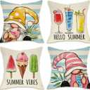 Fahrendom Hello Summer Vibes Gnome Decorative Throw Pillow Cover 20 x 20 Set of 4, Ice Cream Popsicle Juice Porch Patio Outdoor Pillowcase, Stripes Seasonal Farmhouse Couch Cushion Case Home Decor