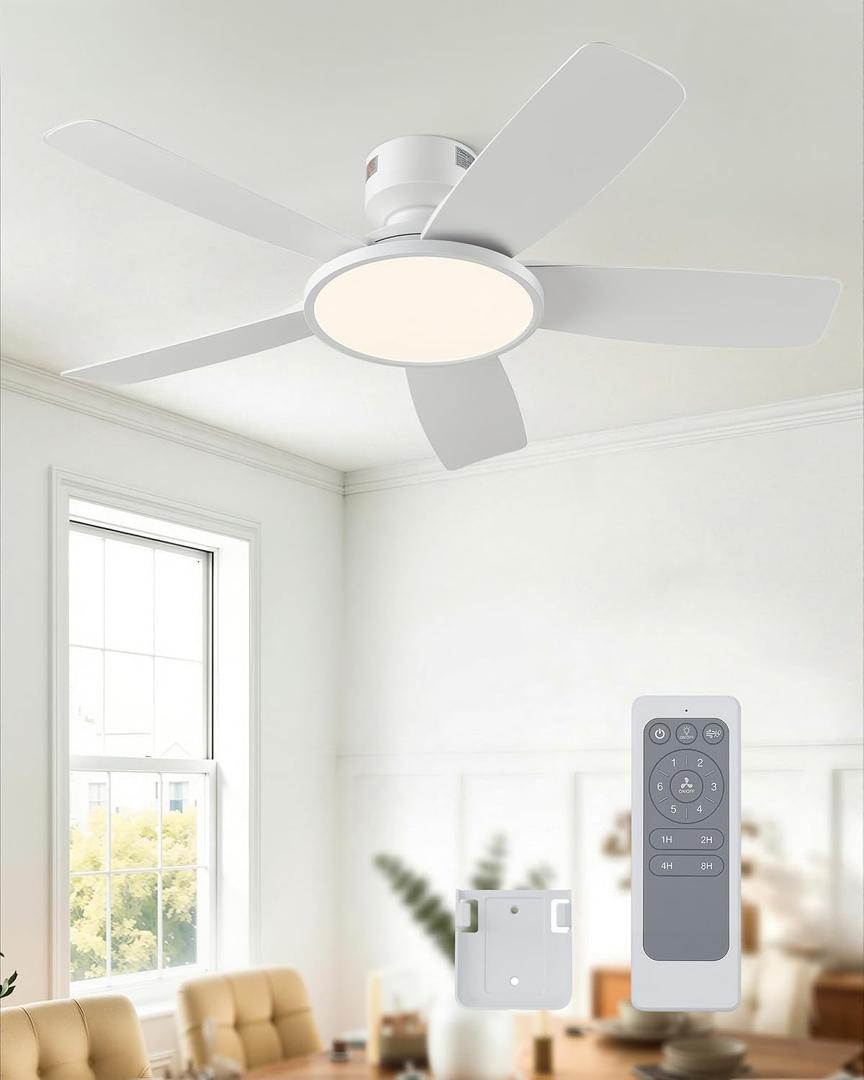 VONLUCE 42 Inch Ceiling Fan with Lights, Quick Install Ceiling Fan and Remote, 6-Speeds Noiseless Reversible DC Motor, 3CCT, Modern Ceiling Fan for Bedroom Living Room Kitchen, White