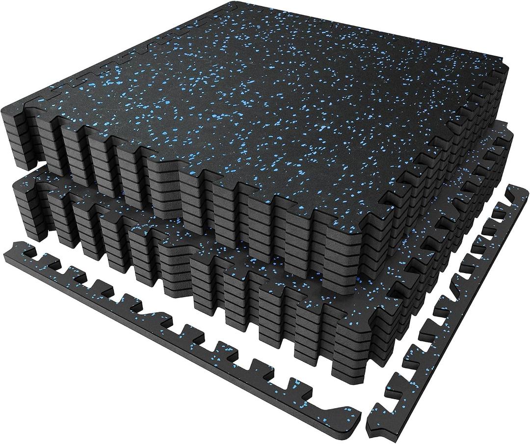 PRAISUN 0.56" Rubber Top Gym Flooring, Heavy Duty Interlocking Gym Mats for Home Gym, Non-Slip Workout Mat, 24 x 24in Large Gym Floor Mat, Protect Floors from Weights & Equipment, 48 Sq Ft, Black/Blue